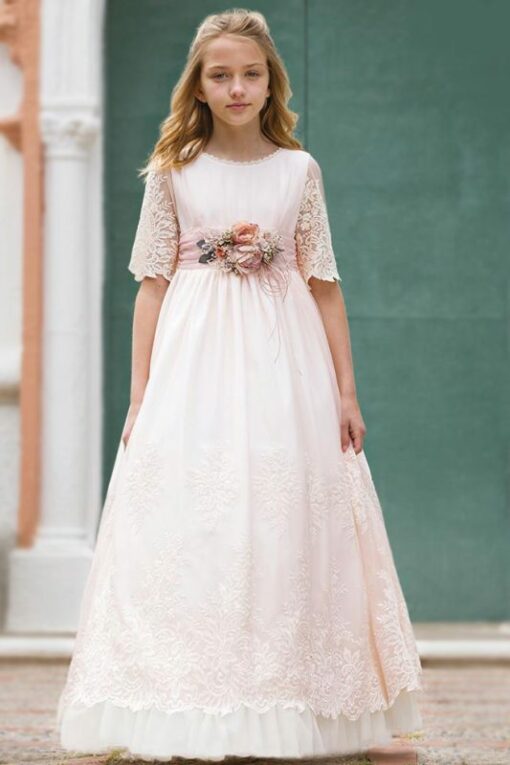 Amaya Modelo 557019MD Vestido Comprido Pérola e Rosa com Faixa e Flor