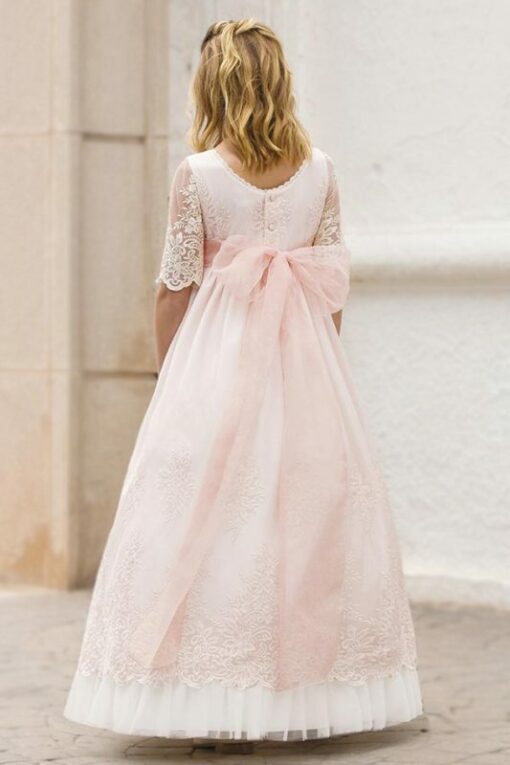 Amaya Modelo 557019MD Vestido Comprido Pérola e Rosa com Faixa e Flor - Image 2