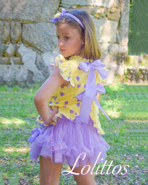 98. Lolittos Tema Atardecer | Conjunto de Blusa com Laços Atrás e Saia-Calção
