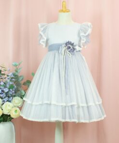 99. Modelo 3014-3 Vestido Cru e Azul com Aplique de Flor