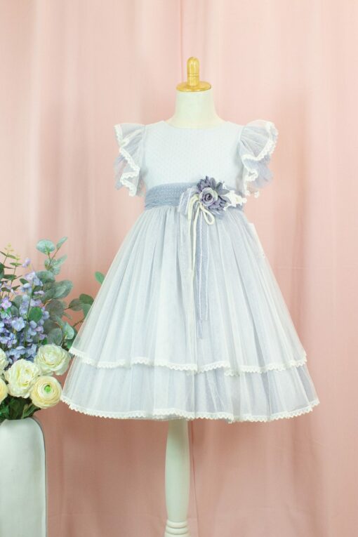 99. Modelo 3014-3 Vestido Cru e Azul com Aplique de Flor