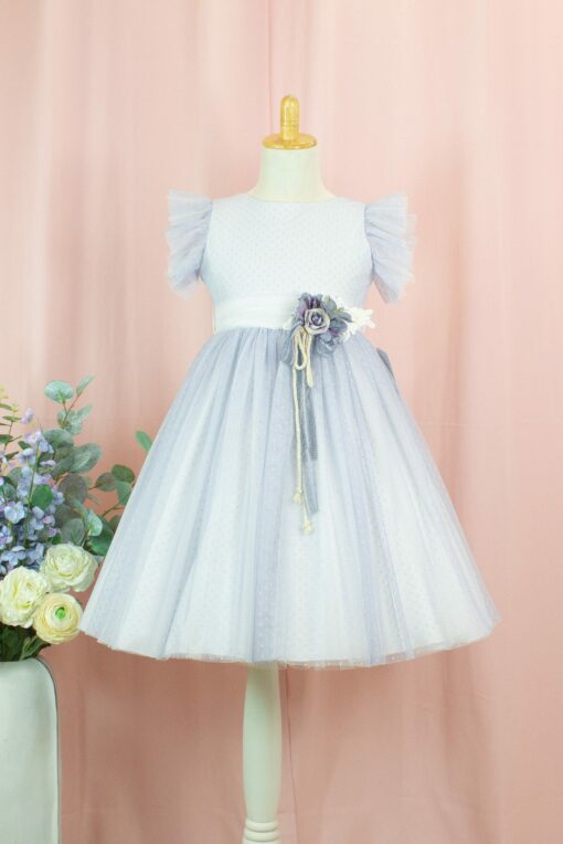 99. Modelo 3013 Vestido Cru e Azul com Aplique de Flor
