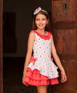 98. Debesos | Vestido Azul e Vermelho Florido de Cintura Descida