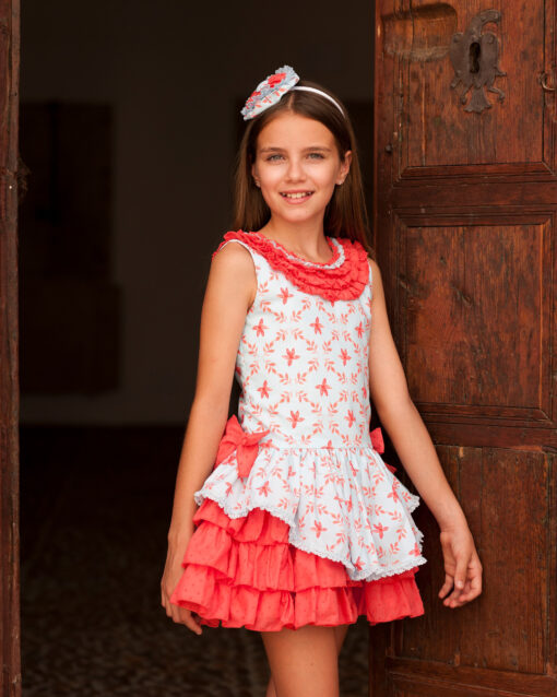 98. Debesos | Vestido Azul e Vermelho Florido de Cintura Descida