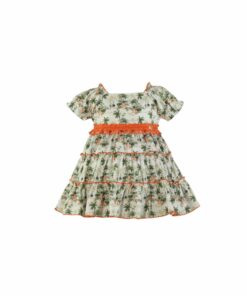 98. Miranda Tema Tropical | Vestido Rodado com Detalhes em Renda Laranja