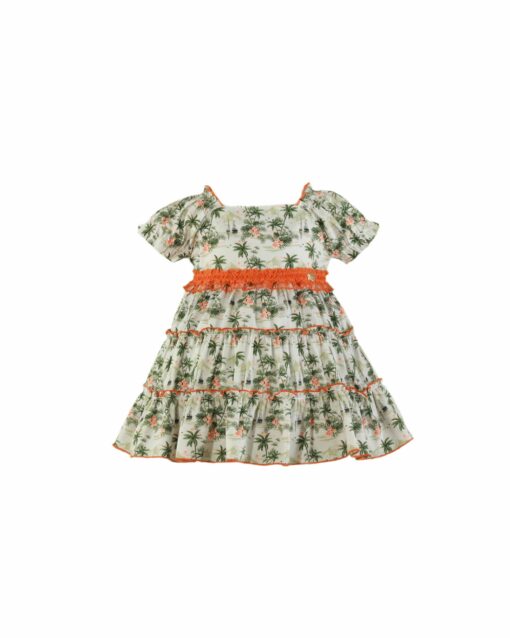 98. Miranda Tema Tropical | Vestido Rodado com Detalhes em Renda Laranja