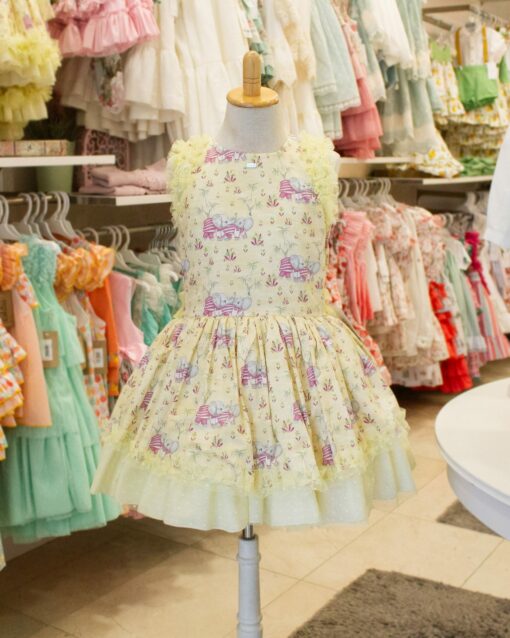 98. La Amapola Tema Elefantes | Vestido Amarelo de Cintura Descida
