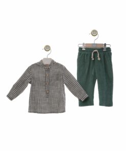 97. Yoedu Tema Grafito | Conjunto de Calça Bombazine Verde e Camisa Xadrez Preta