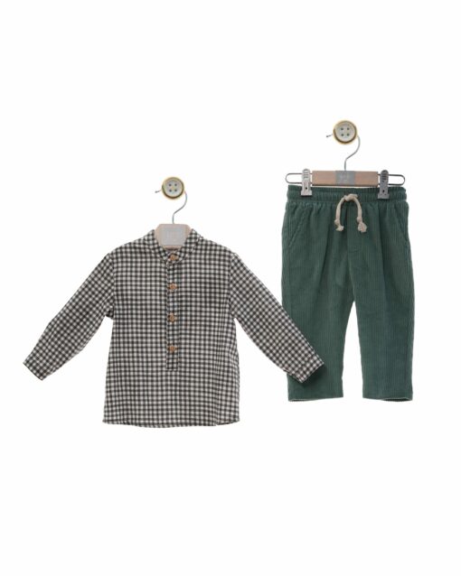 97. Yoedu Tema Grafito | Conjunto de Calça Bombazine Verde e Camisa Xadrez Preta
