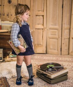 97. Yoedu Tema Acuarela | Conjunto de Blusa Xadrez Azul, Vestido com Alças Azul Marinho e Tapa Fraldas