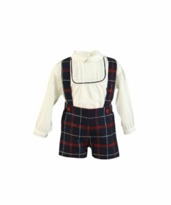 97. Miranda Tema Natal | Conjunto de Calção com Alças Azul Marinho e Vermelho Axadrezado e Camisa