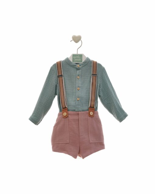 97. Marta Y Paula Coleção Kioto | Conjunto de Calção Rosa, Camisa Verde e Suspensórios