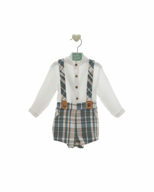 97. Marta Y Paula Coleção Delhi |Conjunto de Calção Axadrezado Azul e Bege com Alças e Camisa - Image 2