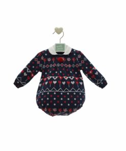 97. Marta Y Paula Coleção Damasco | Fofo Azul Marinho Estampado com Gola e Pompom