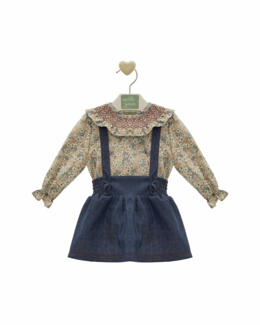97. Marta Y Paula Coleção Shangai | Conjunto de Macacão Saia de Ganga e Blusa Florida Azul - Image 3