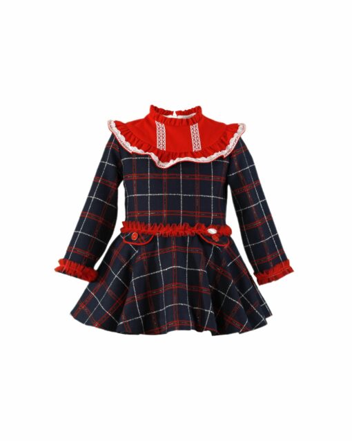 97. Miranda Tema Natal | Vestido Azul Marinho e Vermelho Axadrezado com Detalhes em Renda - Image 2