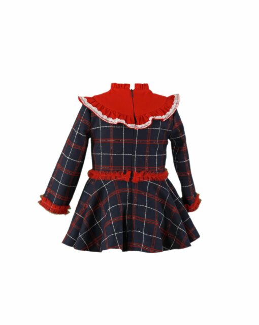 97. Miranda Tema Natal | Vestido Azul Marinho e Vermelho Axadrezado com Detalhes em Renda - Image 3