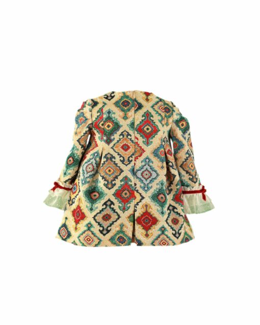 97. Miranda Tema Laço | Vestido Bege com Estampado e Laço em Veludo Vermelho - Image 3