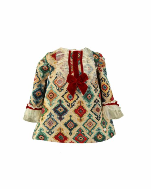 97. Miranda Tema Laço | Vestido Bege com Estampado e Laço em Veludo Vermelho - Image 2