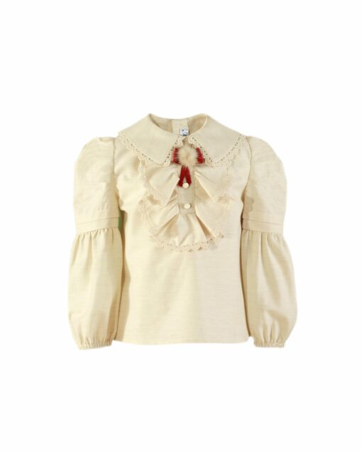 97. Miranda Tema Pata de Galo | Conjunto de Blusa Bege com Folhos e Saia-calção - Image 2
