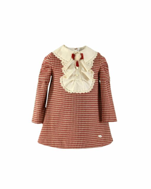 97. Miranda Tema Pata de Galo | Vestido Vermelho e Bege com Detalhes em Dourado Brilhante - Image 2