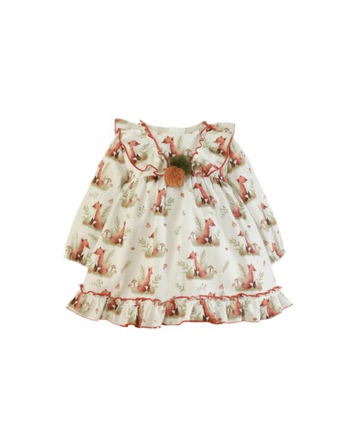 97. Miranda Tema Raposa | Vestido Branco com Estampado e Pompons - Image 2