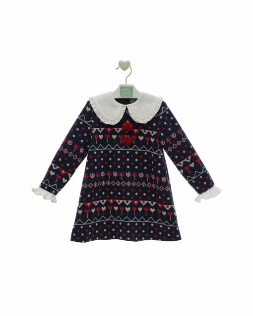 97. Marta Y Paula Coleção Damasco | Vestido Azul Marinho Estampado com Gola - Image 3