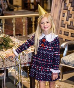 97. Marta Y Paula Coleção Damasco | Vestido Azul Marinho Estampado com Gola