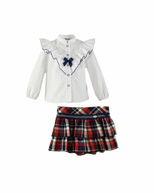97. Miranda Tema Azul Marinho | Conjunto de Saia-Calção Axadrezado Marinho e Camisa com Folhos - Image 2