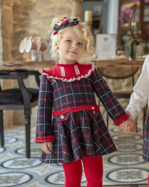 97. Miranda Tema Natal | Vestido Azul Marinho e Vermelho Axadrezado com Detalhes em Renda