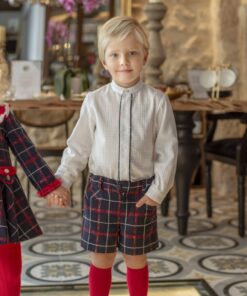 97. Miranda Tema Natal | Conjunto de Calção Azul Marinho e Vermelho Axadrezado e Camisa