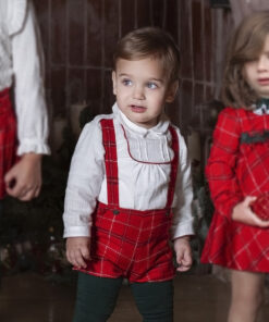 97. Miranda Tema Natal | Conjunto de Calção com Alças Vermelho e Verde Axadrezado e Camisa
