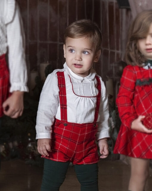 97. Miranda Tema Natal | Conjunto de Calção com Alças Vermelho e Verde Axadrezado e Camisa