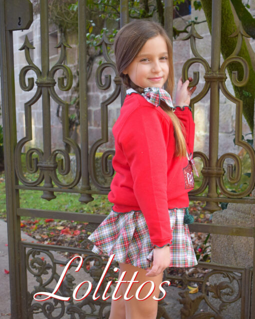 97. Lolittos Tema Acebo | Conjunto de Camisola Vermelha e Calção-Saia Xadrez Vermelho e Verde - Image 2