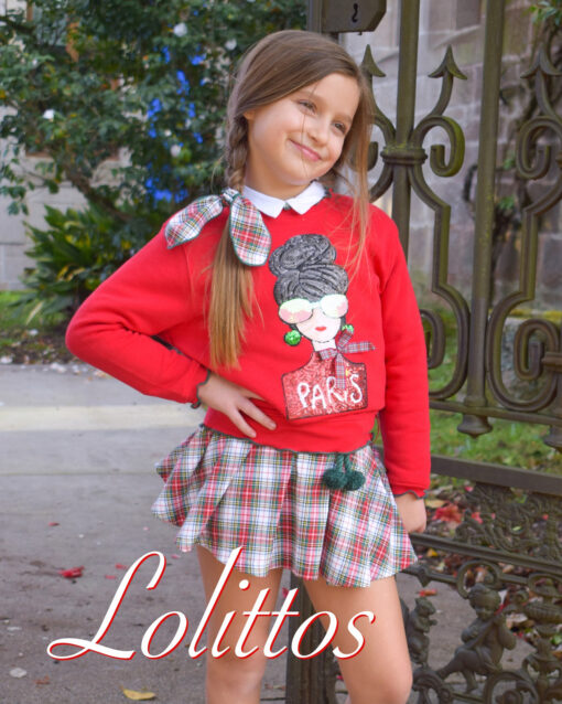 97. Lolittos Tema Acebo | Conjunto de Camisola Vermelha e Calção-Saia Xadrez Vermelho e Verde