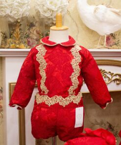 97. Tema Natal Conjunto de Calção e Camisa Vermelhos com Detalhes em Renda
