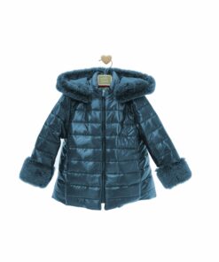 97. Marta Y Paula Coleção Hanoi | Casaco Acolchoado Turquesa com Capuz de Pelo e Bolsos