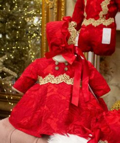 97. Tema Natal Vestido Vermelho com Detalhes em Renda Dourada, Touca e Tapa Fraldas